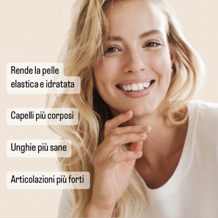 Collagen Beauty rende la pelle elastica e idratata, capelli corposi, unghie sane e articolazioni più forti