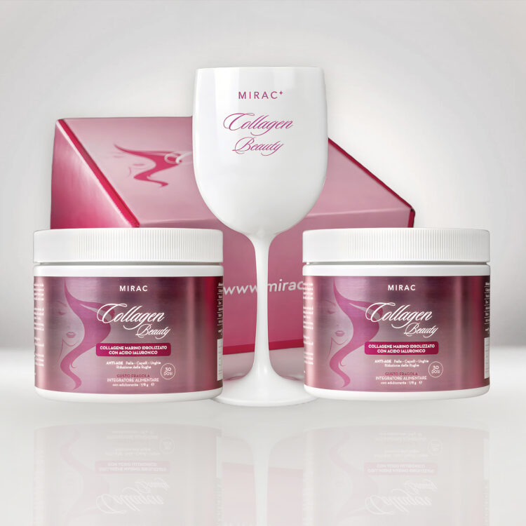 integratore alimentare Collagen Beauty di Mirac a base di collagene marino idrolizzato, acido ialuronico, vitamina C, zinco e biotina. I benefici: riduce le rughe, rende la pelle elastica e idratata, rinforza le unghie e i capelli, rigenera le articolazioni. Gusto fragola. Azione anti-età contro l'invecchiamento della pelle.